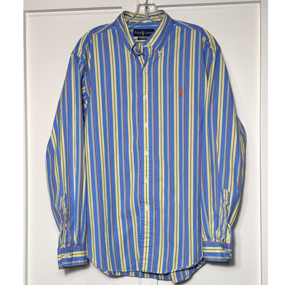 Ralph Lauren Mens Classic Fit Striped Button Down Shirt Blue Yellow Large - Picture 2 of 7